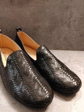 Khanijo Men's Black Hand Crafted Woven Leather Loafers - Size 12 US/45 EU
